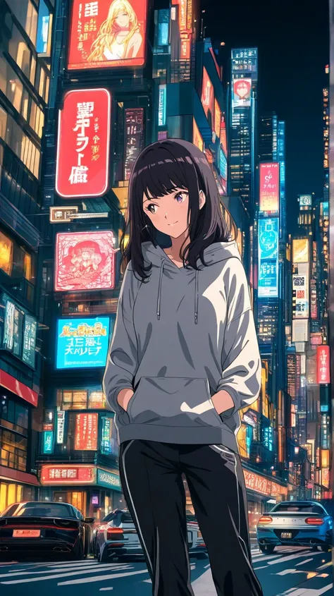 anime style, A beautiful girl, she is perched next to a sports car. The character has black hair. Her eyes, which are large and bright, look to the side, and she smiles shyly. She is wearing a gray hoodie sweater, with black jogger pants, and white sneaker...