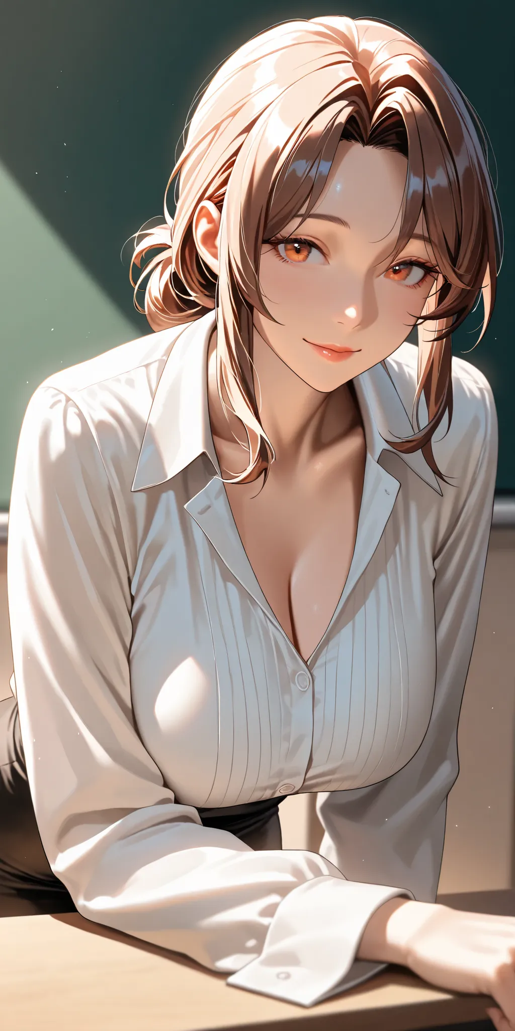 Masterpiece, very aesthetic, vibrant, high contrast, elegant mature woman, a teacher, white shirt, upper body, leaning forward, doenbslouse, soft light, best quality, semrealistic, 