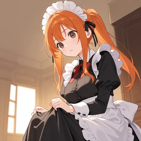 maid girl, with orange hair, and brown eyes, who are opening her clothes