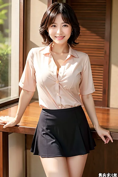 Small breasts but beautiful boobs、40 year old cute Japanese woman、 shirt、 Long Skirt 、Cafe、 has a nice smile、 black hair short hair、 panties when looking