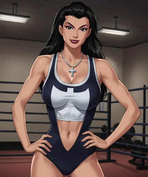 safe_pos, PonyXLV6_Scores BREAK (((retro artstyle, parody, animification)), perfect anatomy, cowboy shot) helena bertinelli, long hair, black hair, black eyes, dark red lipstick, ((looking at viewer)), dark pink wrestling singlet, superhero, curvy, toned, ...