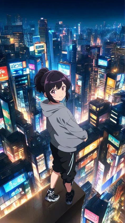 anime style, A beautiful girl, she is perched next to a sports car. The character has black hair. Her eyes, which are large and bright, look to the side, and she smiles shyly. She is wearing a gray hoodie sweater, with black jogger pants, and white sneaker...