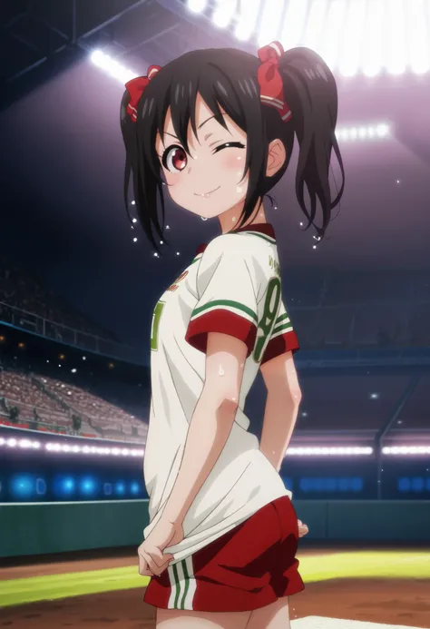 TRexStudio,source_anime, anime screencap,Shiny skin,dynamic lighting, detailed shading,moist skin, HENTAI , yazawa nico, black hair ,twintails,red eyes, looking at viewer,sexy wink, football clothes,from side, football stadium,short shorts, sweating,wet cl...