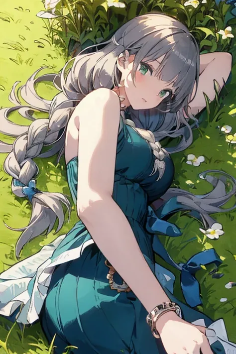 masterpiece, best quality, 1girl, lying on back, on grass, hands up, emerald hair, long hair, log front hair, one piece dress, braid hair, big breast, looking to viewer,masterpiece, high resolution, illustration, ultra detailed 8k art, extremely detailed C...