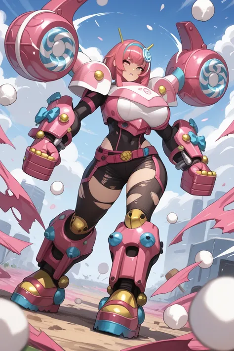 kamen rider gavv, marshmallow, marshmallow armor, armor, anime girl, mecha girl, girl form, full body, stand, sexy, tattered, tatter, torn clothes, Exploding Clothes, Super super big breasts, show face, anime girl face, pink hair, 2 coler hair