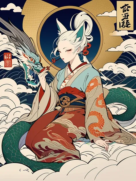  Ukiyo-e、Japanese dragon with magatama,shortage々Shii white fox、 mystical goddesses、 Ukiyo-e, Golden Cloud、