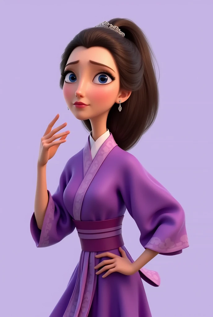 Nzyfr,A cartoon， The picture is of a woman with long hair and a ponytail. She wore a purple dress， with a purple scarf around her neck . Her hair was pulled back into the bun  . Her eyes are blue，The eyebrows are black.  Her hands are in the air .  Her lef...