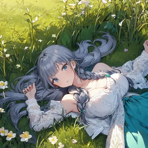 masterpiece, best quality, 1girl, lying on back, on grass, hands up, emerald hair, long hair, log front hair, one piece dress, braid hair, big breast, looking to viewer,masterpiece, high resolution, illustration, ultra detailed 8k art, extremely detailed C...