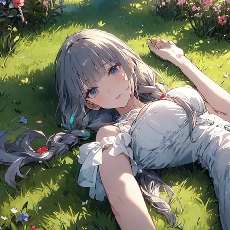 masterpiece, best quality, 1girl, lying on back, on grass, hands up, emerald hair, long hair, log front hair, one piece dress, braid hair, big breast, looking to viewer,masterpiece, high resolution, illustration, ultra detailed 8k art, extremely detailed C...