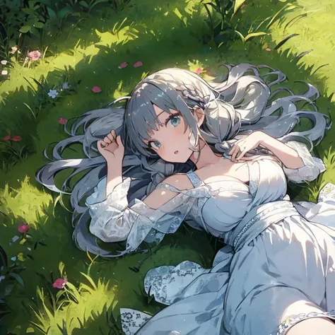 masterpiece, best quality, 1girl, lying on back, on grass, hands up, emerald hair, long hair, log front hair, one piece dress, braid hair, big breast, looking to viewer,masterpiece, high resolution, illustration, ultra detailed 8k art, extremely detailed C...