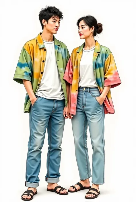 hand sketching product, a blending pencil and watercolor sketch, mixed Asian male a female supermodel wear a contemporary Tie-dye short Yukata Jacket with white t shirt and jean , made from mixed natural tie dye,  naturally soft pastel green, yellow, indig...