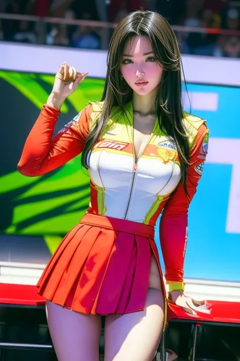 (  masterpiece), (  MotoGP Racing Girls ), (  eyeliner:0.5),(:0.5),  black hair, With a faint smile,  beautiful繊細な少女を指す,  very elaborate eyes and face  ,  beautiful繊細な目, , ((Event List)), ( MotoGP track background  ), (  top quality  , oconnor , reality,  ...