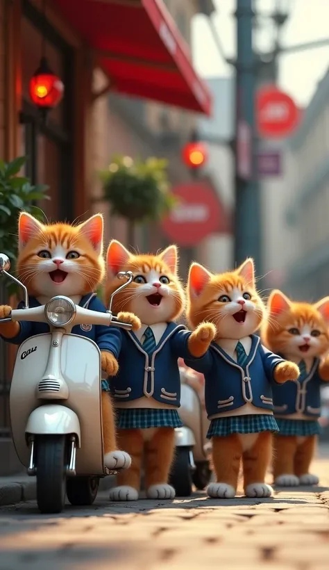 A group of gangster kittens standing like humans, wearing school uniforms, each sitting on their respective parked scooters in front of a cafe. The kittens are laughing and pointing at something in front of them. The scene is viewed from the front. The bac...