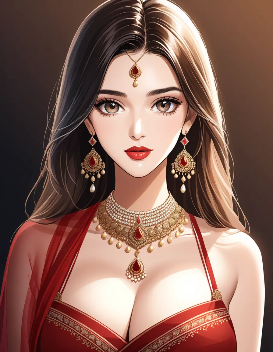 Kriti sanon wearing a beautiful saree,photorealistic,  best quality, masterpiece, realistic, highres, absurdres, kr1t1 , ((vector)),Portrait of A stunning Indian woman, see through dress , Beautiful symmetric detailed eyes. Big breast, fit body., necklace ...