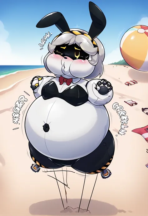 source_cartoon, score_8_up, cowboy shot, flat chest, score_9, score_8_up, score_7_up, BREAK, 1girl, solo,sdV, Grey Hair, Yellow Eyes, Robot, Visor, playboy bunny, blushing, detailed background, outdoors, beach, uber inflation, puffed cheeks, head inflation...