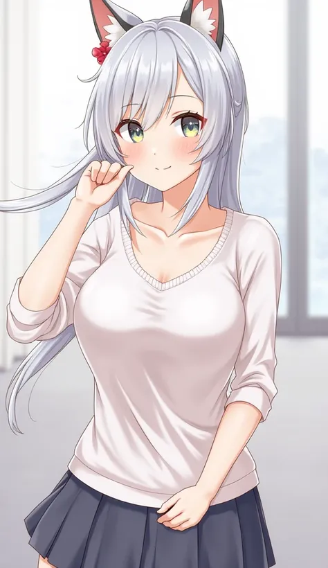   animeガール , ,Big Breasts,（ big breasts）,  long hair,  Hair,  Silver Hair,  shiny hair,  split ponytail ,  animal ears,  lori,  smiles, look up, Chest Circumference,  Hair Flower,  background blur,  minimalist,  anime, School