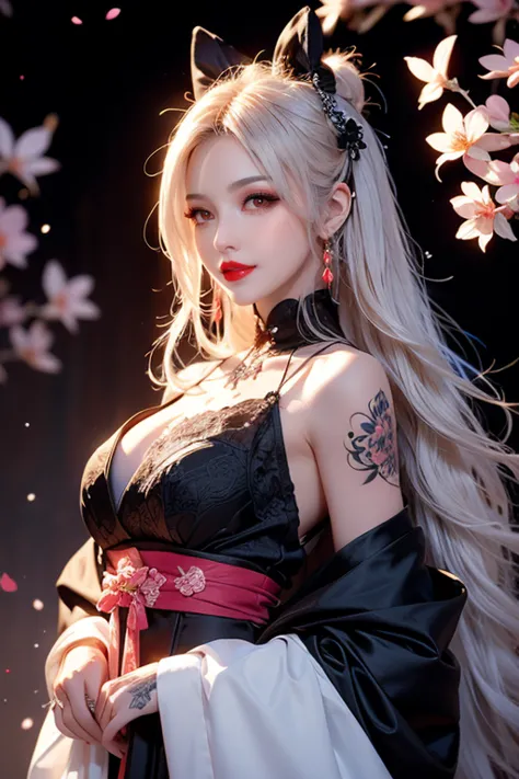 Beautiful Japanese Gothic woman, with very long white hair, wearing a formal dress with floral motifs, She has Yakuza tattoos all over her body. Dark cherry blossom background