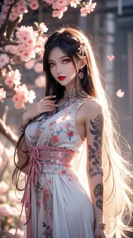 Beautiful Japanese Gothic woman, with very long white hair, wearing a formal dress with floral motifs, She has Yakuza tattoos all over her body. Dark cherry blossom background