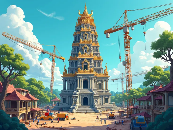 construction site with high and unfinished building of ancient khmer temple depicted in 2d cartoon style, high detailed, high quality, high resolution