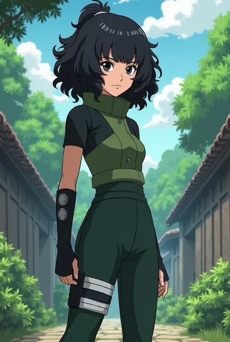 Sinobi women's curly black hair,  black eyes,  from the village of the leaf ,  anime Naruto , Kunoichi clothing 