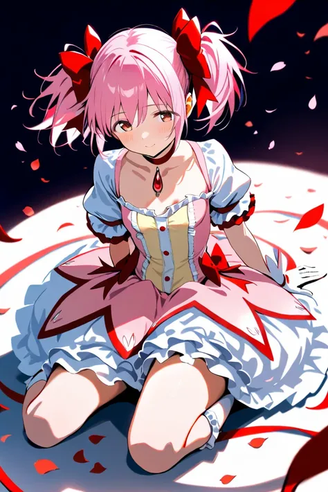 ( top quality,  masterpiece:1.2),  super detailed face,  1 girl,   Kaname Madoka ,  pink hair,  short twin tail ,  Tiny Breasts ,
 simple background,
Madoka Costume,
Red Shoes,  gloves,  socks,  Layered Skirt ,  ruffle skirt that will break your thighs,Red...