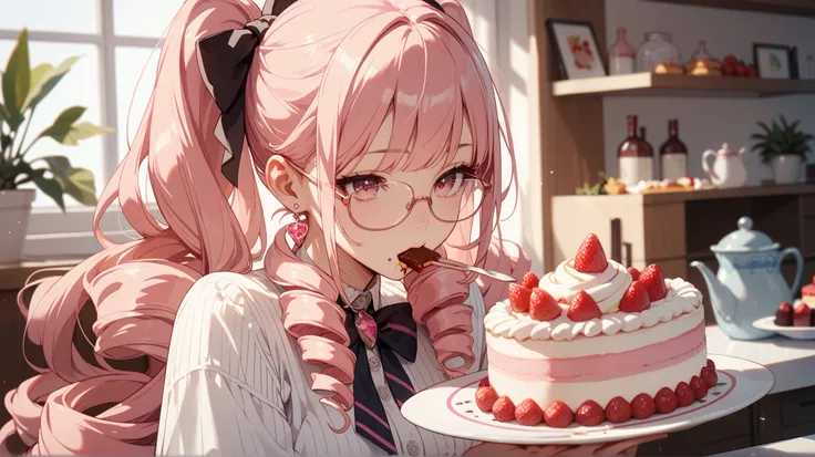   1 girl  ,  high definition,  anatomically correct,  Very Long Hair ,   Pink Hair,  pink eye drill,  Wearing Glasses, to eat , Hold  , Eat cake