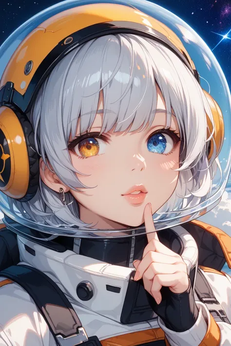  close-up of better masterpieces：1.5)0.9]、(Space and astronauts：1.2) (Disheveled silver hair：1.1) ( Heterochromia and Yellow and Blue Eyes：1.2) ( space helmet：1.0) (Colored stars in the eyes：1.0) (Shining Light：1.1) (Thick lips：0.9)