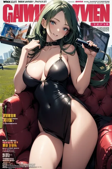 masterpiece, best quality, 1girl, lying on back, on grass, hands up, emerald hair, long hair, log front hair, one piece dress, braid hair, big breast, looking to viewer,masterpiece, high resolution, illustration, ultra detailed 8k art, extremely detailed C...