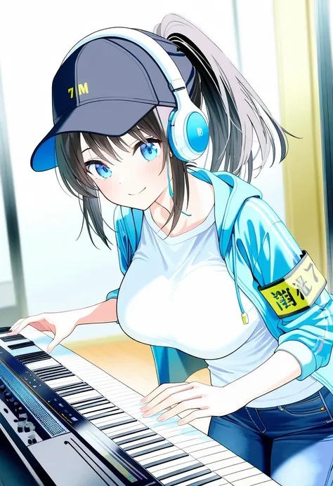 score_9,score_8_up,score_7_up,rating_safety,source_manga,masterpiece,best quality,hyper detailed,super fine illustration,8k,cowboy shot,from front,BREAK 1girl,26yo,solo,(cap),(black hair,ponytail),(headphone),(blue eyes),(face-brushed),(happy smile),(middl...