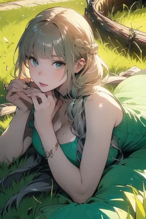 masterpiece, best quality, 1girl, lying on back, on grass, hands up, emerald hair, long hair, log front hair, one piece dress, braid hair, big breast, looking to viewer,masterpiece, high resolution, illustration, ultra detailed 8k art, extremely detailed C...