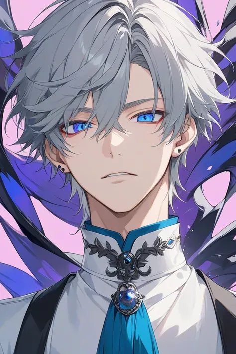 anime boy, handsome face, charming gaze, gray hair, blue eyes, cool style, artistic background (sharp eye details), sharp face details), (body details), (make clear and good pictures), (make 4k and 8k pictures), (masterpiece)