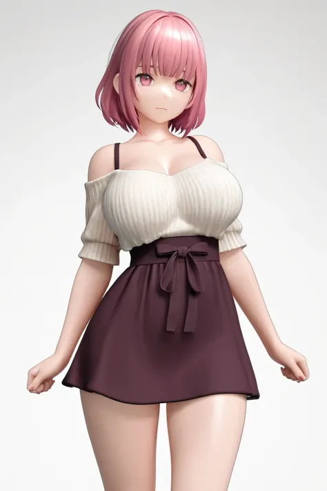 female, cute, sexy, white background, standing up straight, wearing a chocker, short pink hair, pink eyes, wearing casual clothes, DD-cup size breasts, front bangs, 4k, high render, 3d model, front profile