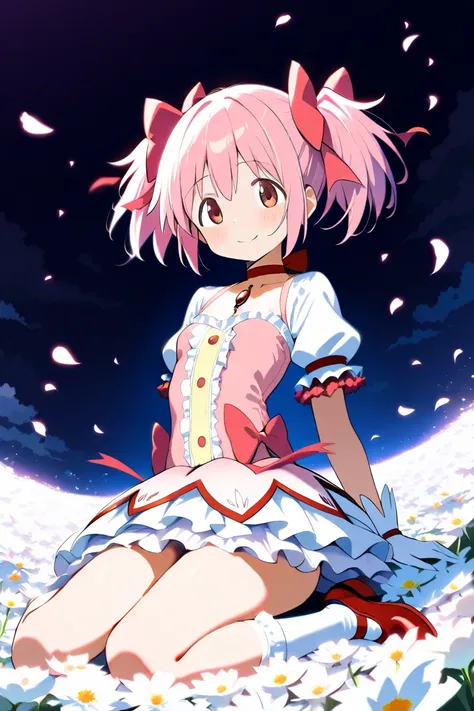 ( top quality,  masterpiece:1.2),  super detailed face,  1 girl,   Kaname Madoka ,  pink hair,  short twin tail ,  Tiny Breasts ,
White Flower Field,Night Background,
Madoka Costume,
Red Shoes,  gloves,  socks,  Layered Skirt ,  ruffle skirt that will brea...