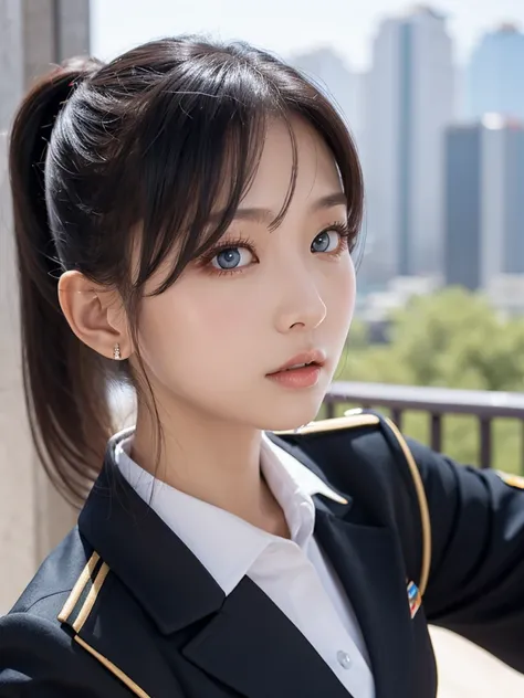 woman　black hair blue eyes ponytail　uniform