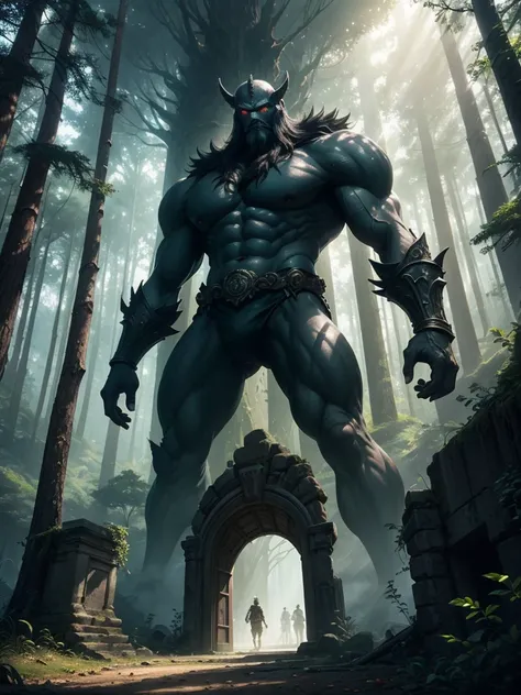 fantasy world, Mysterious Forest, Ruins at the back of the forest, Ancient Ruins, Mysterious Forest Giant, Steel Giants, Guarding the entrance to the ruins, Ancient super technology, anime style, cinematic lighting, wide shot, masterpiece, super detail, hi...