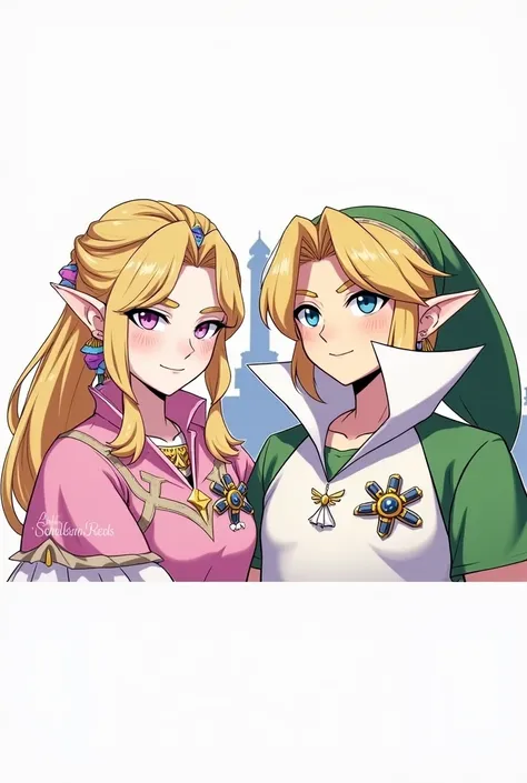 Anime Ocarina of time Emperor Link wearing a Massive popped collar polo with a collar so high it's taller than his head he's with Princess Zelda