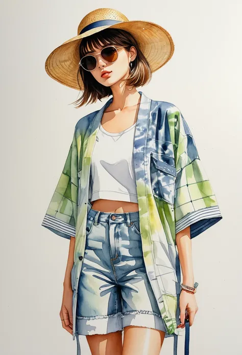 candid fashion illustration of young supermodels, tall and slender, wear a contemporary Tie-dye short Yukata Jacket with white t shirt and jean , made from mixed natural tie dye, combination of naturally soft pastel green, yellow, indigo blue and pink. sho...