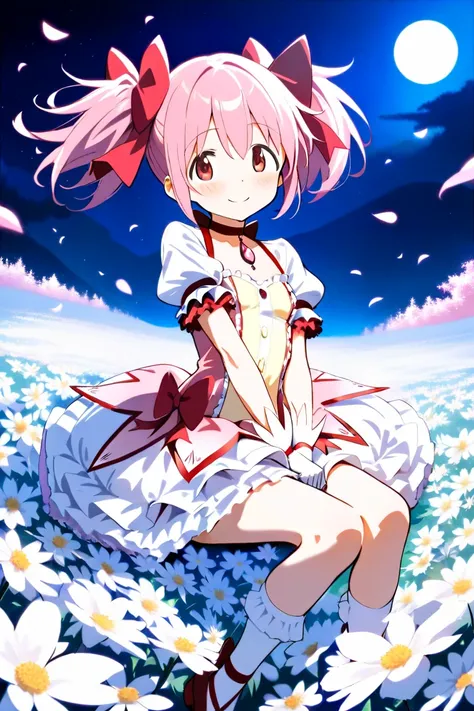 ( top quality,  masterpiece:1.2),  super detailed face,  1 girl,   Kaname Madoka ,  pink hair,  short twin tail ,  Tiny Breasts ,
White Flower Field,night,Full moon background,
Madoka Costume,
Red Shoes,  gloves,  socks,  Layered Skirt ,  ruffle skirt that...