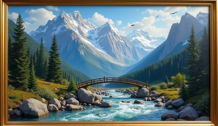 Create a masterpiece, of the best quality, in the style of Leonardo da Vinci oil painting. noon, blue sky, high mountains with snowy peaks, dense coniferous forest, clear water stream, rocks on the shore, wooden bridge over the stream, foam on the stream c...