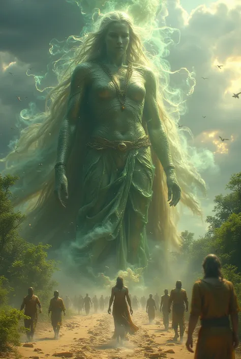 ((masterpiece, highest quality, Highest image quality, High resolution, photorealistic, Raw photo, Extremely detailed CG unified 8k wallpaper)),
A giant goddess appears in the desert, greenery grows at her feet, and a dense jungle arises in her wake,
In th...