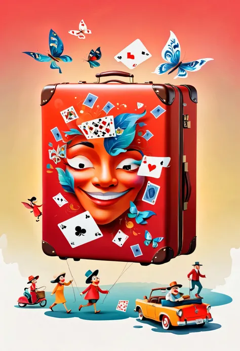 Design a unique logo,(Abstract Chinese Grandma and Grandpa ),(An unusually large suitcase in the shape of an anthropomorphic flying playing card:1.7), red peach a,k,Happy walking ,Team emblem , simple ,Gradient red,China Senior Travel Group,