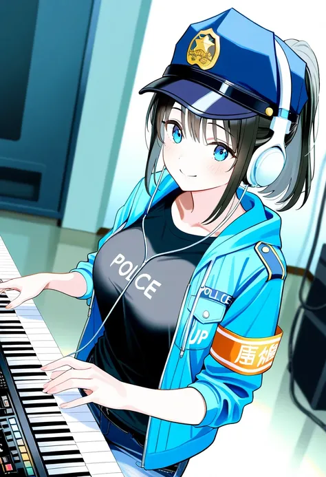 score_9,score_8_up,score_7_up,rating_safety,source_manga,masterpiece,best quality,hyper detailed,super fine illustration,8k,cinematic angle,BREAK 1girl,26yo,solo,(police cap),(black hair,ponytail),(headphone),(blue eyes),(face-brushed),(happy smile),(middl...