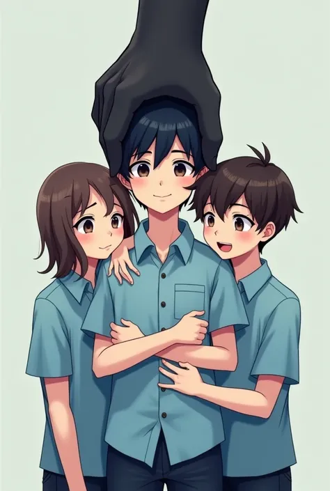  3 boys,  a trans boy in a light blue school shirt with dark brown hair with lenses and a white complexion , a girl behind him wearing the same shirt ,  with his hair a shade darker brown than him and the other girl next to the boy with one hand on his che...