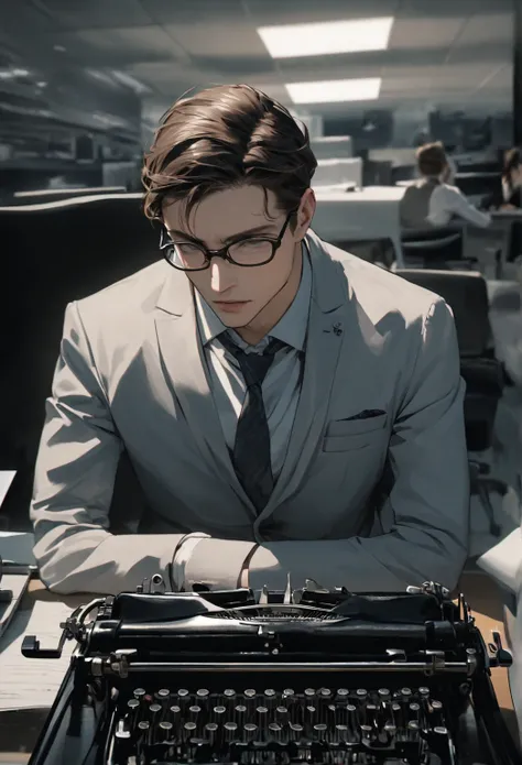 Portrait of a male journalist in New York sitting in a modern office with a typewriter in a suit and glasses. The image must be in 8k
