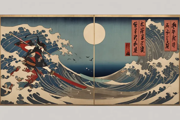 ukiyo-e,     Ultra High Resolution 、ukiyo-e, lotus、god、   Geometric Model    、  Japanese Tattoos  、   demons are approaching 、サムライと戦う鬼god、godの後ろから無数のオーラ、 single-battle with dynamic swords on a wooden bridge、Hanafuda、vermilion、 light green、 moonlight 、