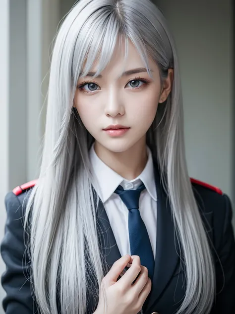 woman　 Silver Hair（bright）gray eyes, pale skin　 long hair　uniform