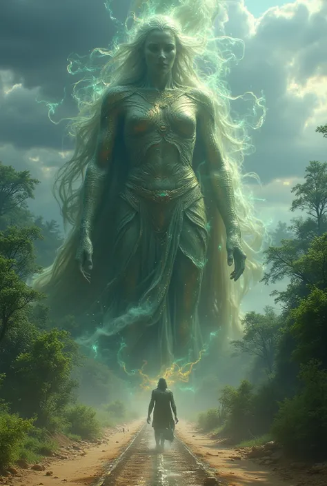 Mysterious Forest Giant, ((masterpiece, highest quality, Highest image quality, High resolution, photorealistic, Raw photo, Extremely detailed CG unified 8k wallpaper)),
A giant goddess appears in the desert, greenery grows at her feet, and a dense jungle ...