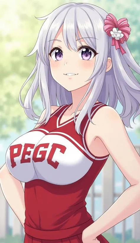   Eneem Girl , , big breasted,（  big breasted）,  長いhair,  hair,  Silver hair,  光沢のあるhair,  （ cheerleader）,  smile,  looks up, Chest,  hair Flower,    Background Blur , （smile）,  