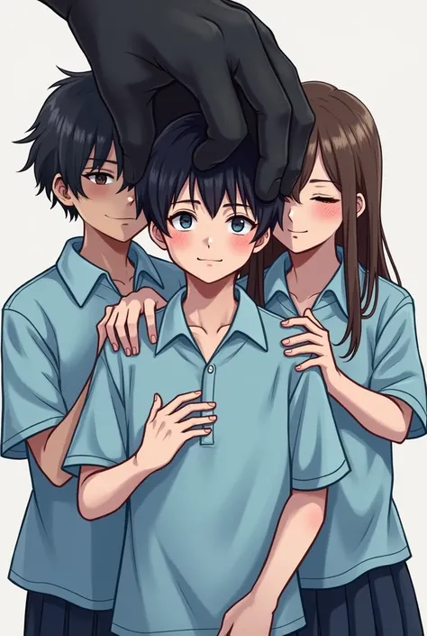  3 boys,  a trans boy in a light blue school shirt with dark brown hair with lenses and a white complexion , a girl behind him wearing the same shirt ,  with his hair a shade darker brown than him and the other girl next to the boy with one hand on his che...