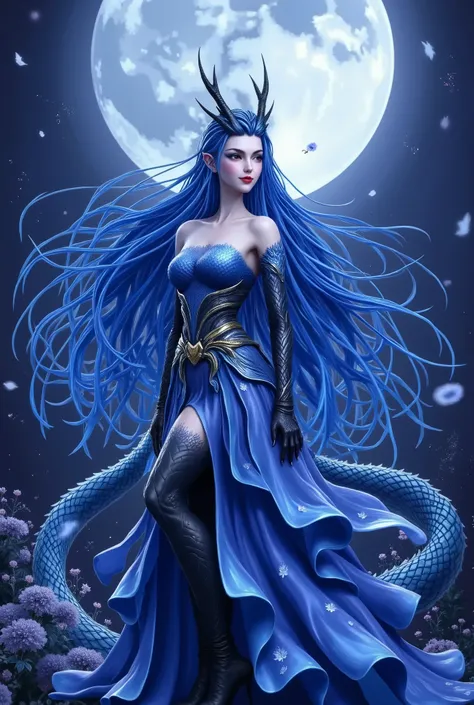 A woman with blue hair and a dragon tail stands in front of a full moon, Airbrush Paintings Inspired by Anne Stokes, Artstation Contest Winners , fantastic art , Blue Elf, Legend of Mysterious Creatures , Extremely Fine Artgerm Style , amazing fantast...